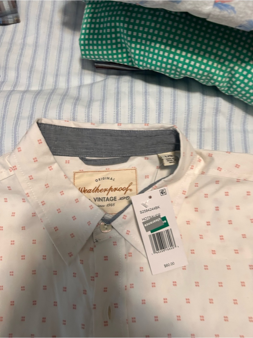 Weatherproof Men's White Shirt with Subtle Pink Dot Pattern